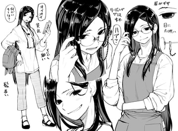 the image shows a black and white sketch of an anime girl in different poses. she has long black hair and is wearing glasses in two of the sketches. in one sketch, she is wearing a casual outfit with a backpack and sandals. in another, she is wearing an apron, suggesting she might be a student or working in a setting where aprons are required. there are also japanese texts scattered around the image, possibly dialogue or notes related to the character design.