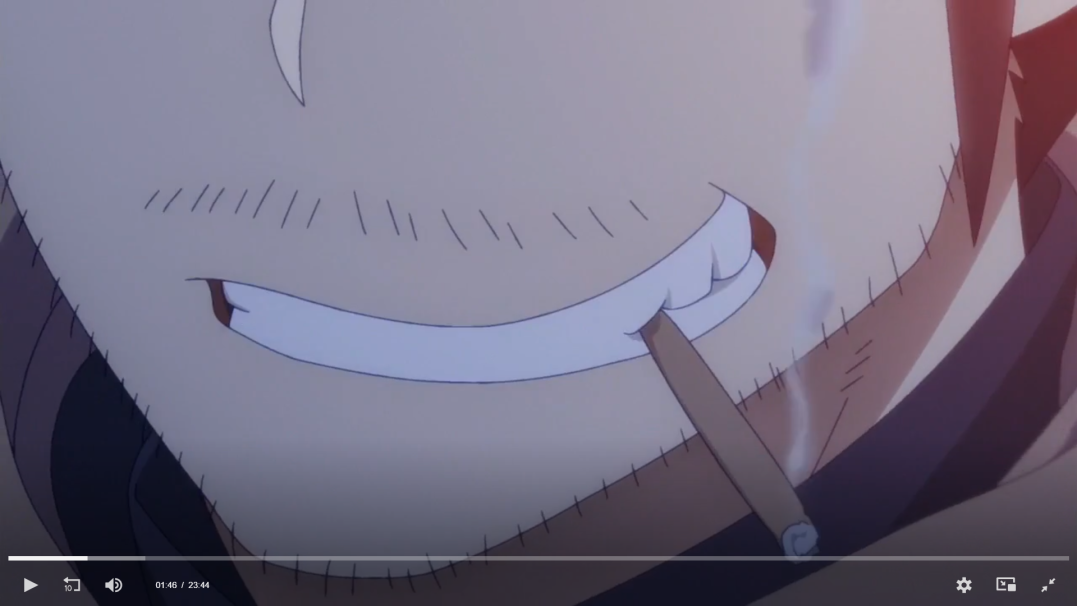 a closeup of an anime character's face. the character is smiling with a cigarette in their mouth.  their teeth are visible and their face is obscured by a shadow.  the character's mouth looks quite wide and exaggerated, in a sinister or playful way.