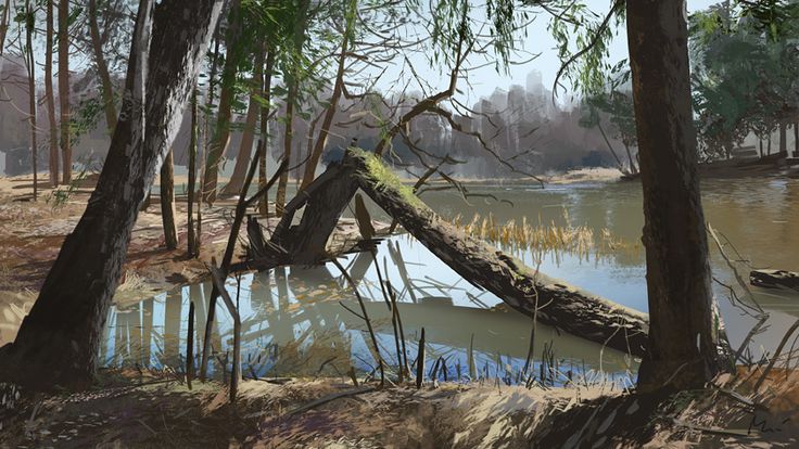 a serene landscape depicts a tranquil lake surrounded by a dense forest. several trees stand tall around the water's edge, while a fallen tree spans across the water, its trunk partially submerged. the water reflects the sky and trees, creating a mirrored image. patches of vegetation grow along the shoreline. the scene conveys a sense of peace and natural beauty.