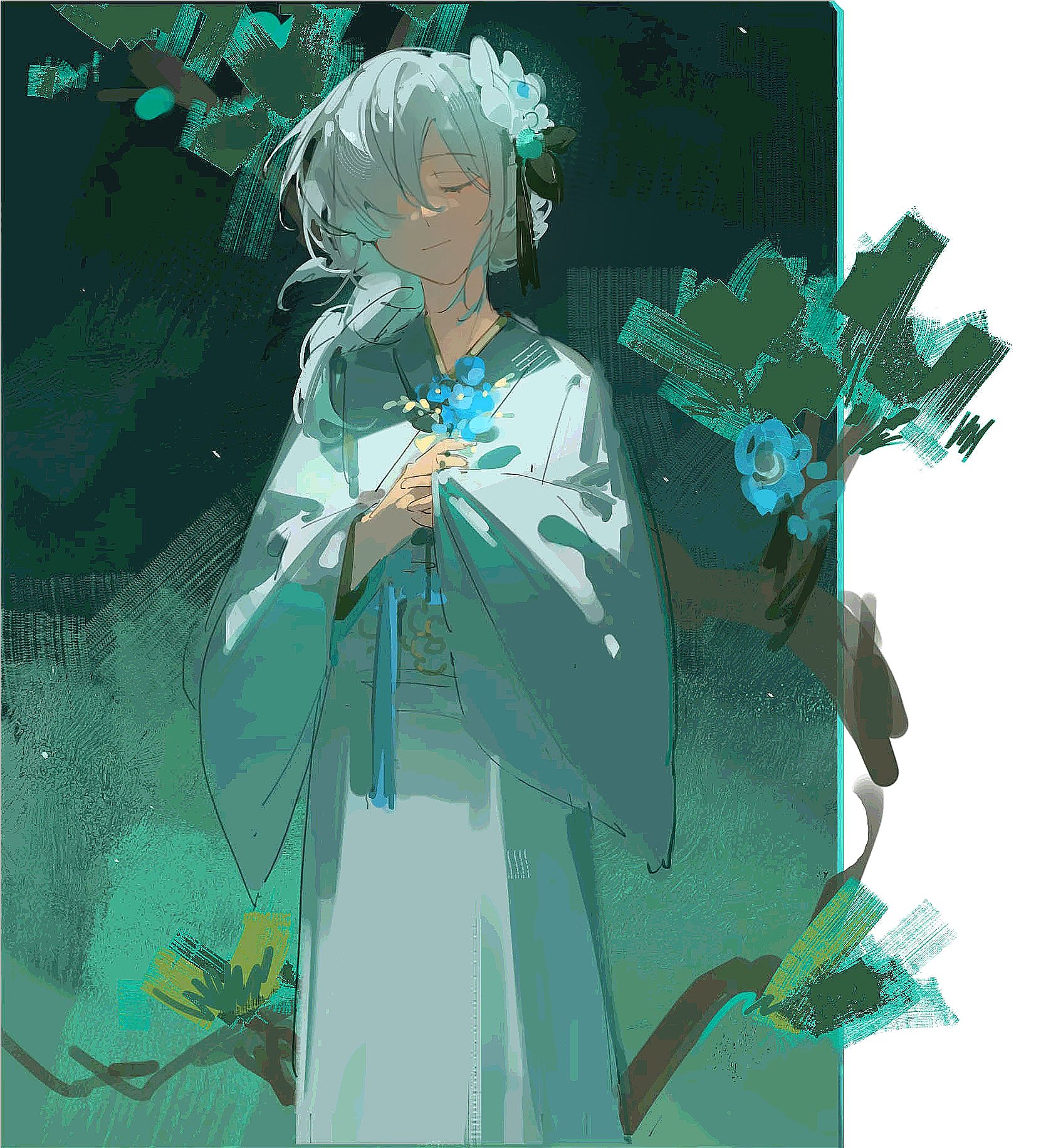 he image is a digital painting of a young woman with long white hair, wearing a light teal kimono. she is holding a small bouquet of blue flowers to her chest and her eyes are closed. she appears serene and peaceful.  the background is a blend of teal and green hues, with suggestive brushstrokes that evoke the feel of branches and leaves. the style is evocative of anime or manga, but with a painterly feel.  the overall mood is tranquil and somewhat mysterious.