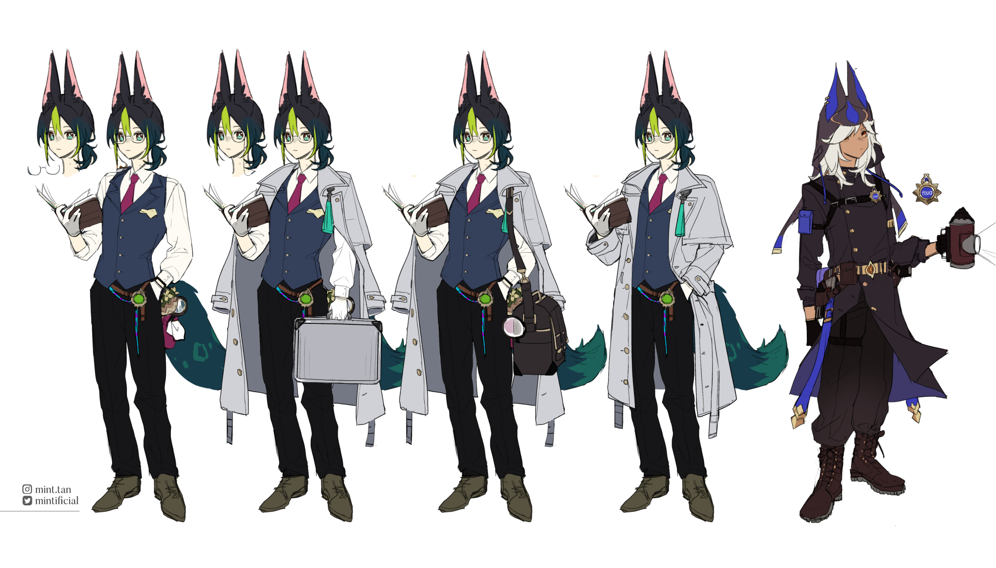 the image is a drawing of six anime characters. the characters are all males and they are drawn in a style that is common in japanese animation.  the characters are all dressed in detectivelike attire and they appear to be serious and focused. some are holding books and others are holding a briefcase. one is holding a gun.  five of the characters have furry wolf ears. all of the characters have a similar facial expression and the same hairstyle. they are all wearing similar outfits.  the image is very detailed and welldrawn. it appears to be a professional drawing from a comic book, manga or video game.