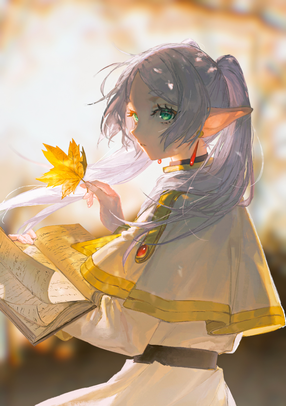 the image is a digital painting or illustration of an animestyle elf girl. she has long, flowing white hair styled in a ponytail, striking green eyes, and pointed ears. she's wearing a long, white dress with gold trim and a cloak, and is holding an open book and a yellow maple leaf. the setting appears to be outdoors, with a soft, autumnal light. the overall style is soft, dreamy, and slightly magical.
