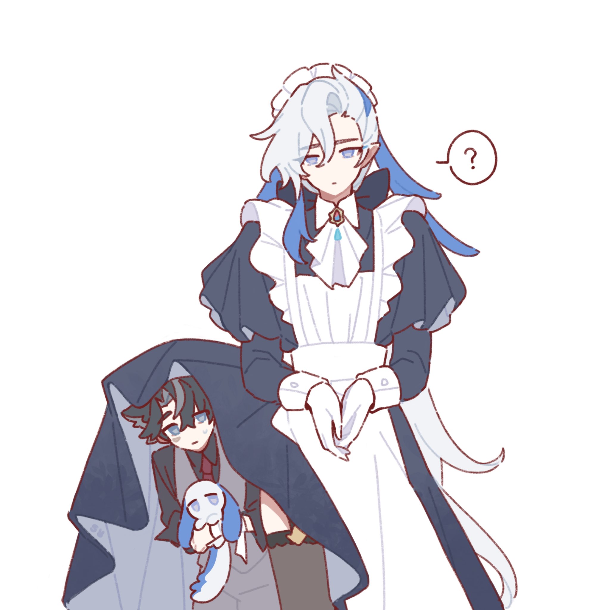 the image is a digital drawing of two animestyle characters. the taller character is a boy dressed in a maid outfit, complete with a white apron, darkcolored sleeves, and a white bonnet. his hair is long and light blue, and he has a somewhat shy or uncertain expression. the shorter character is also a boy, partially hidden under a darkcolored cloak. he appears to be holding a small, light blue puppy. the style is reminiscent of fanart, perhaps from a video game or anime, with soft lines and pastel colors. the background is plain white.