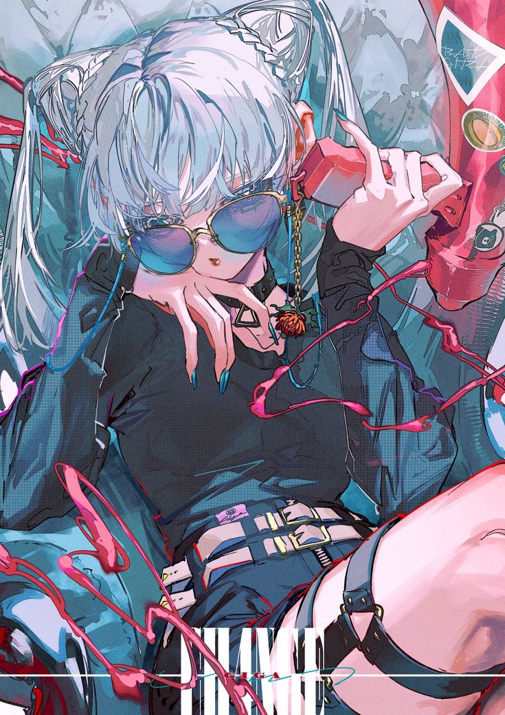 the image is a vibrant digital illustration of an anime girl with striking white twintails. she is styled in a cyberpunk fashion with dark clothing adorned with straps and belts. she wears large sunglasses and appears to be holding or interacting with a part of a mecha or robot.  the background is busy with paint splatters and a suggestion of a futuristic or urban setting. the overall style is edgy and cool, with a dynamic and expressive pose and use of color.  the art style is highly detailed and showcases a blend of realistic and stylized elements. the word "flame" appears at the bottom, possibly as part of the artwork's title or a signature.