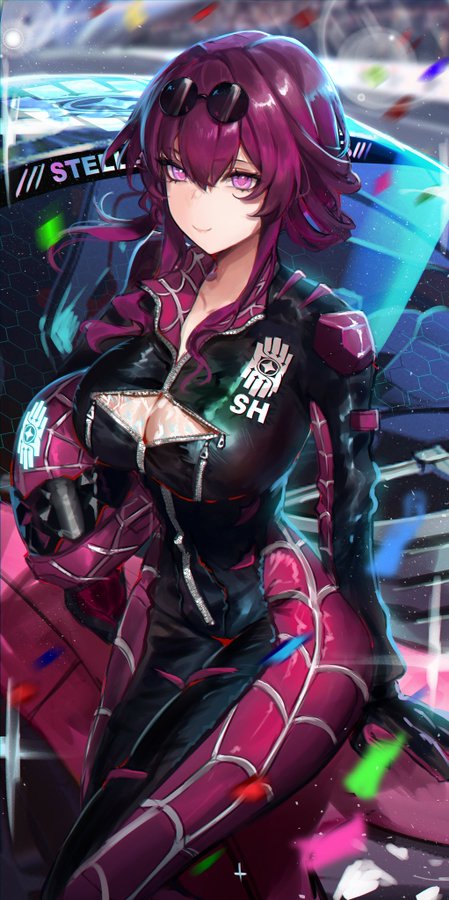 the image is of a girl in a cyberpunk style anime.  she is wearing a black leather jacket with a white zipper and a white logo on the left side.  the logo says "sh" in white.  the girl is also wearing black pants that have a white pattern on them.  she has black gloves and black boots.  she is standing in a white and blue background, with shadows on her.  she has pink hair and purple eyes, and is wearing black sunglasses.  the girl is looking at the camera and has a serious expression on her face.  she is cool and stylish.  there are various colors in the background, such as white, blue, green, red, and black.  the image is overall welllit.