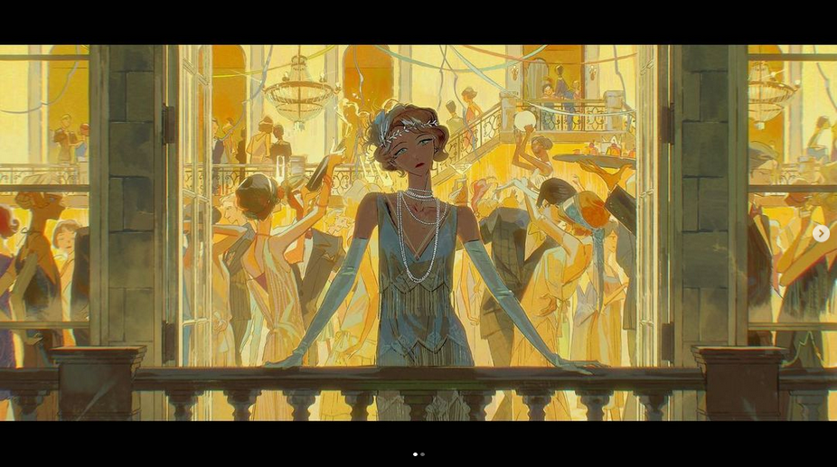 the image is a digital illustration of a woman in a blue dress standing on a balcony and looking out at a party in a ballroom. the woman is surrounded by other people, dancing and socializing. the party is in the evening and the lights are bright. the image is done in a vintage style, with the colors and lines giving a retro feel. the woman is elegantly dressed and is wearing a lot of jewelry. the illustration is very detailed and has a lot of mood and atmosphere. the image is full of life and energy, and is a great example of how art can be used to capture a moment in time.