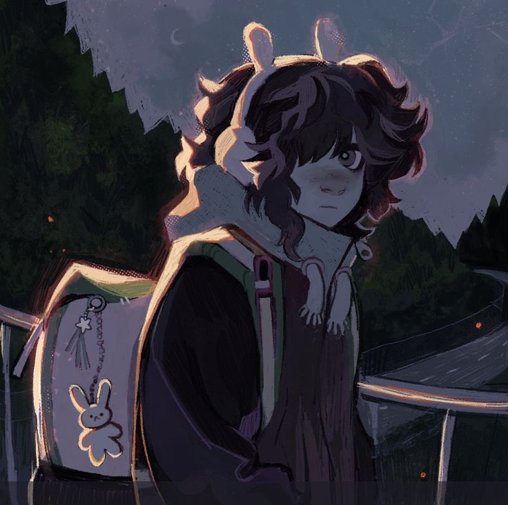 an anime style girl is standing on a road in a forest. she has black hair and is wearing a green jacket with a purple sweater underneath. she has a white backpack with a bunny charm on it. the girl looks sad and her ears are white rabbit ears. the background is dark, with a forest on one side and a road on the other. the forest is dark and the road is lit by streetlights. it is night and the moon is shining in the sky.