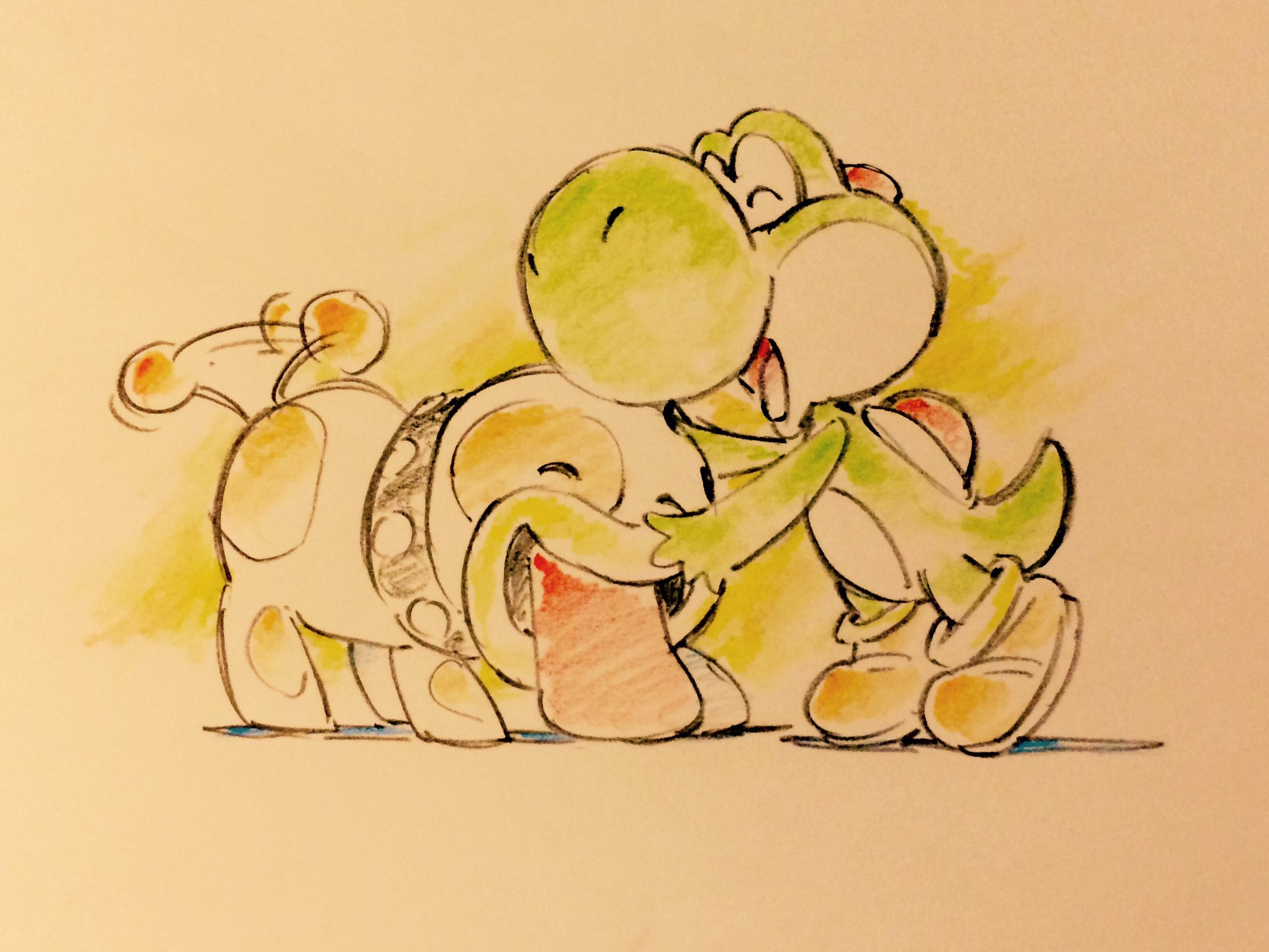 a colored sketch of yoshi hugging a spotted puppy. yoshi's eyes are closed and he's smiling, and the puppy's tongue is out in happiness. they're both on a cream background.