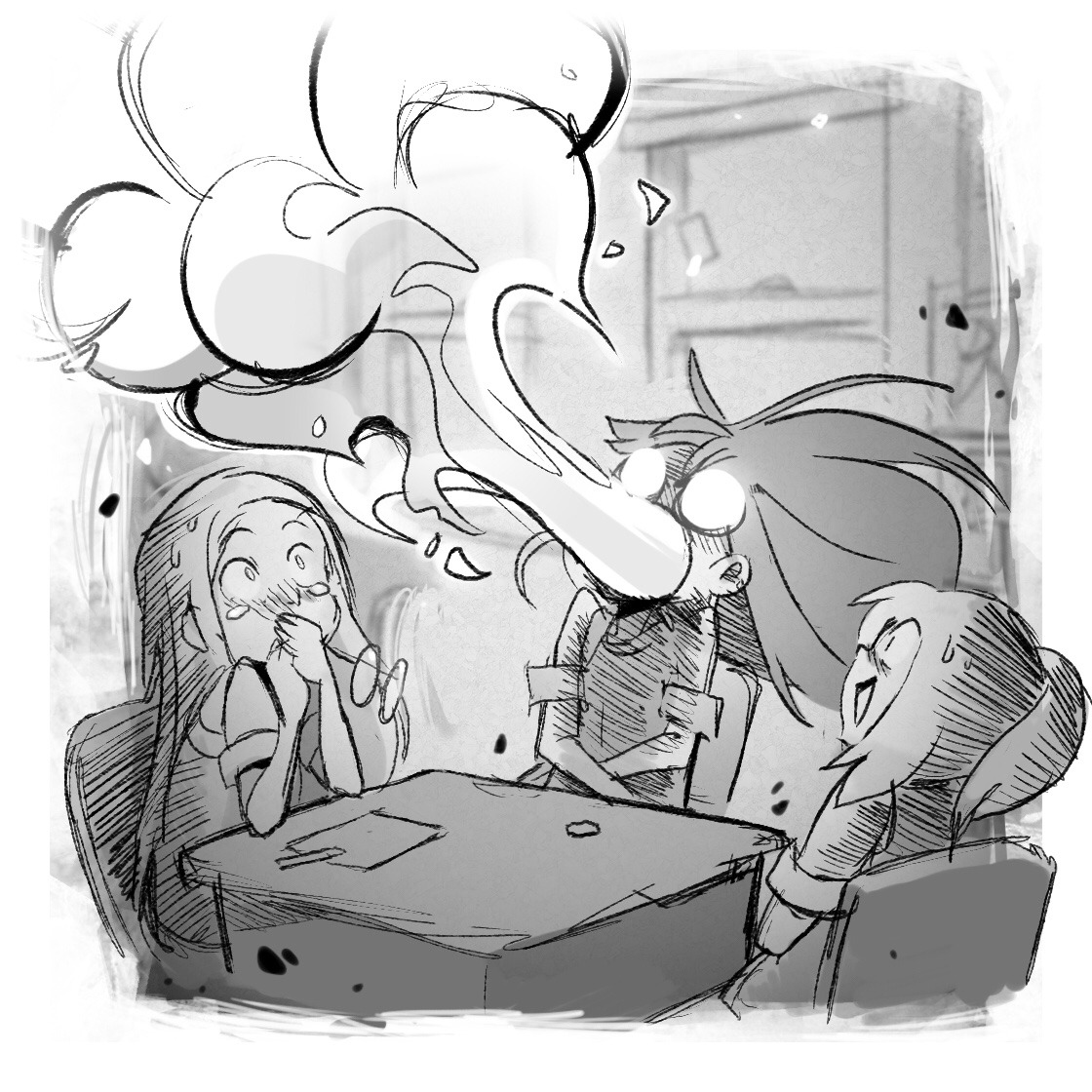 the image depicts three girls sitting around a table, likely in a classroom setting. one girl, seated in the middle, appears to be loudly telling a story or joke, as indicated by the large, stylized speech bubble emanating from her mouth. her eyes are wide, and her hair is dramatically flowing as if caught in a gust of wind, adding to the energy of her storytelling. the girl on the left is laughing hysterically, her hands clasped to her face, while the girl on the right is also smiling and enjoying the moment. the highcontrast black and white style and the use of dynamic lines contribute to the overall sense of energy and humor in the scene.