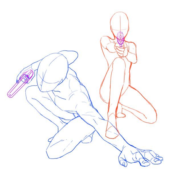 this image contains a sketch of two figures in a pose reference. the figures are in a crouched position, one holding a gun in each hand. the figure on the left is facing to the right, while the figure on the right is facing forward. both figures are in a dynamic pose, with their bodies and limbs twisted in a way that suggests movement.