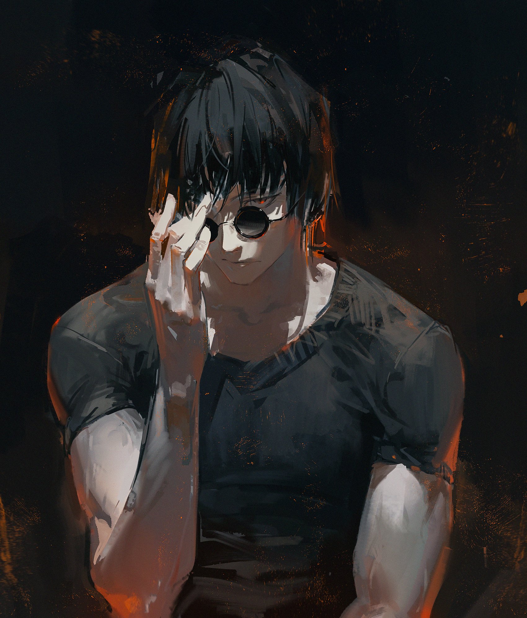 this digital artwork depicts a mysterious, brooding man with dark hair and piercing eyes, wearing sunglasses and a simple black shirt. the lighting is dramatic, emphasizing the contrast between light and shadow. the man's expression is unreadable, his gaze fixed on something out of frame. the painting has a strong sense of mood and atmosphere, hinting at an underlying story or inner conflict.