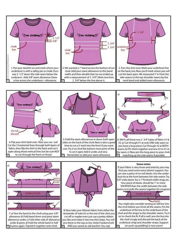 the image shows a stepbystep tutorial on how to transform a tshirt into a choli. it includes instructions with diagrams and text on measuring, cutting, and sewing the fabric to create the desired garment. it also gives tips on adding elastic or an old bra for support.