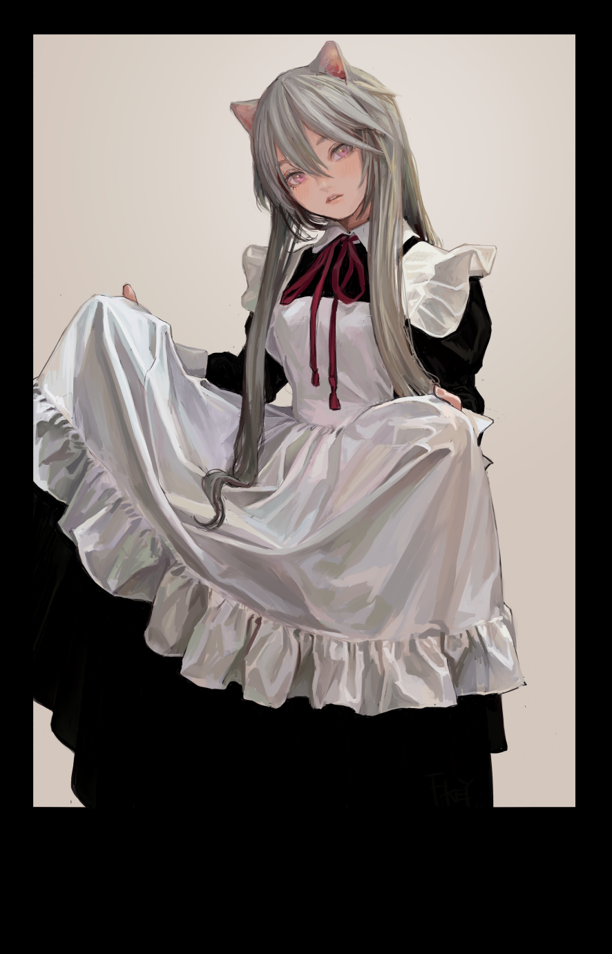 a digital drawing depicts a fairskinned animestyle cat girl wearing a maid dress. she has long, straight, gray hair, and her eyes are pink. she has gray cat ears on top of her head. she wears a classic maid dress with a white ruffled apron over a black dress, secured by a red ribbon around her neck. she is holding the edges of her dress in her hands. the background is a plain, light beige color.