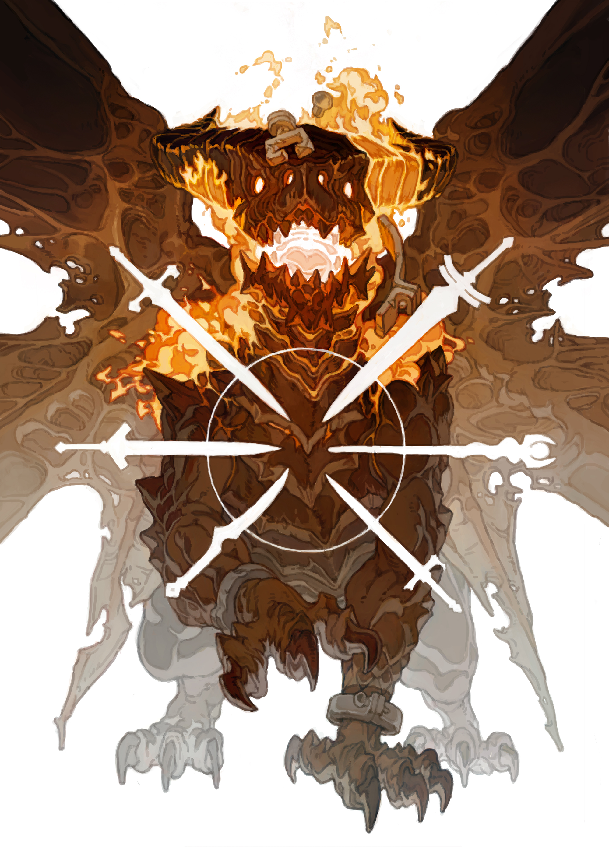 this is a digital illustration of a fire dragon with swords crossing its path. the dragon has a fierce look and is burning with fire. the image has a fantasy and mythical theme. it is an excellent example of digital art.