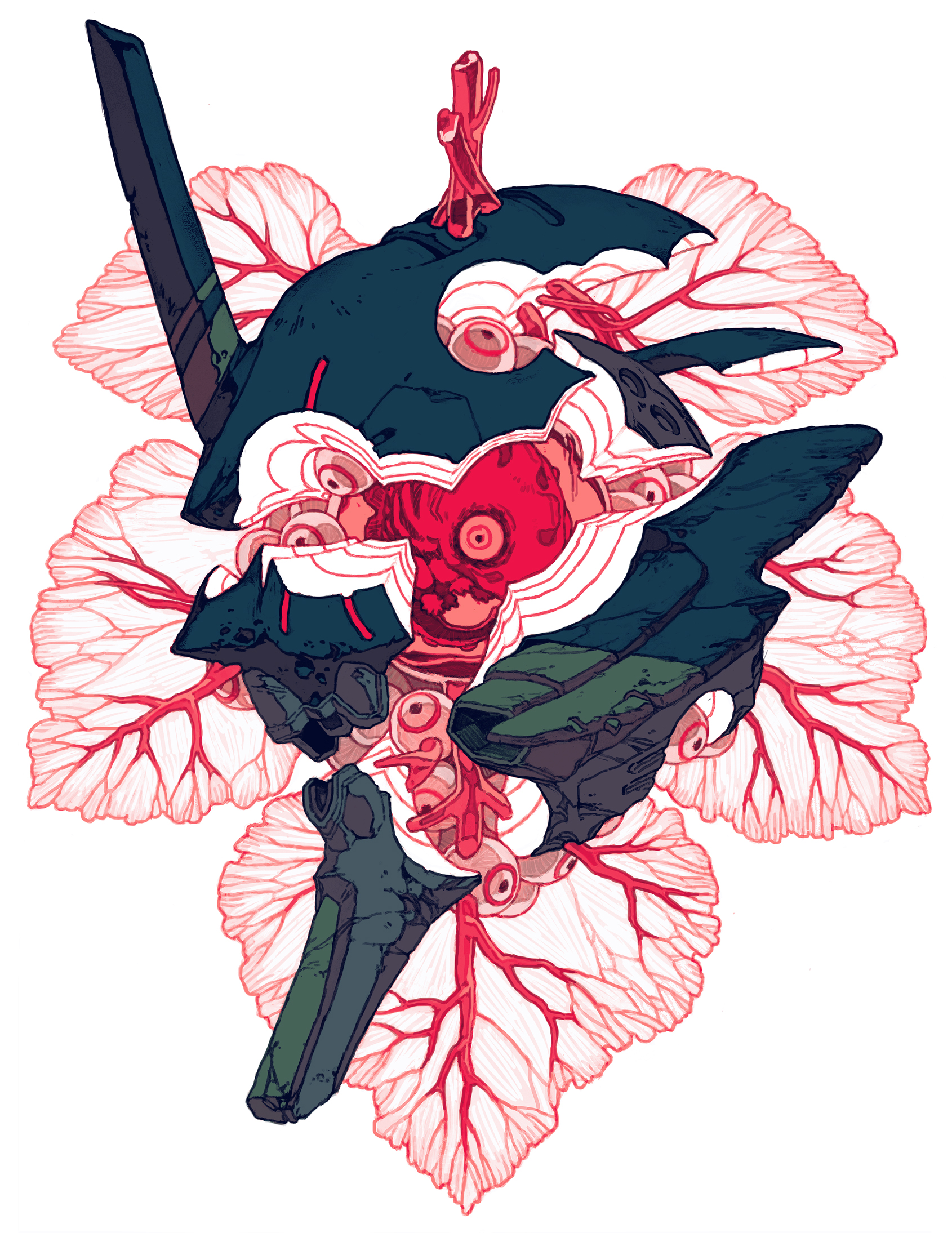 a depiction of a broken and shattered robot. the robot is mostly in shades of blue, green, and black, and has a skeletal appearance with red veins and branches. it is surrounded by white leaves and red veins that resemble a floral pattern. the overall appearance of the robot is one of destruction and decay.