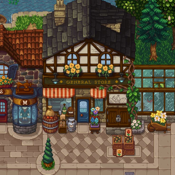 a pixel art image of a general store with a striped awning. there are barrels, flowers, boxes, and a wheelbarrow outside the store. the store is located on a stone street and there are trees and plants around it. the image is brightly lit and has a topdown perspective.