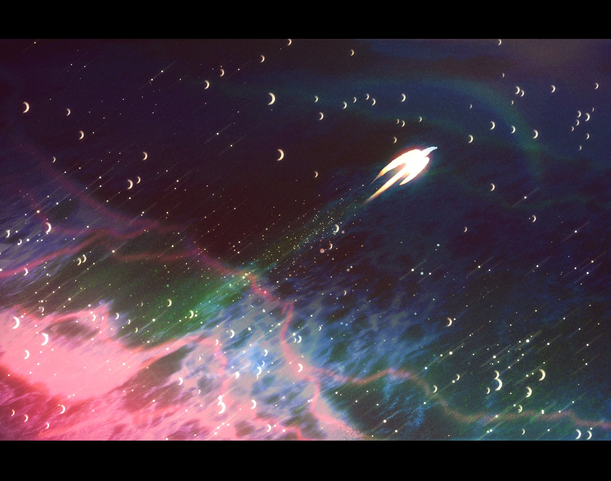 a white, glowing spaceship soars through the vast expanse of space, leaving a bright trail in its wake. it is surrounded by countless stars and a swirling nebula of pink, blue, and green. the perspective suggests the spaceship is moving at high speed, adding to the sense of wonder and adventure.