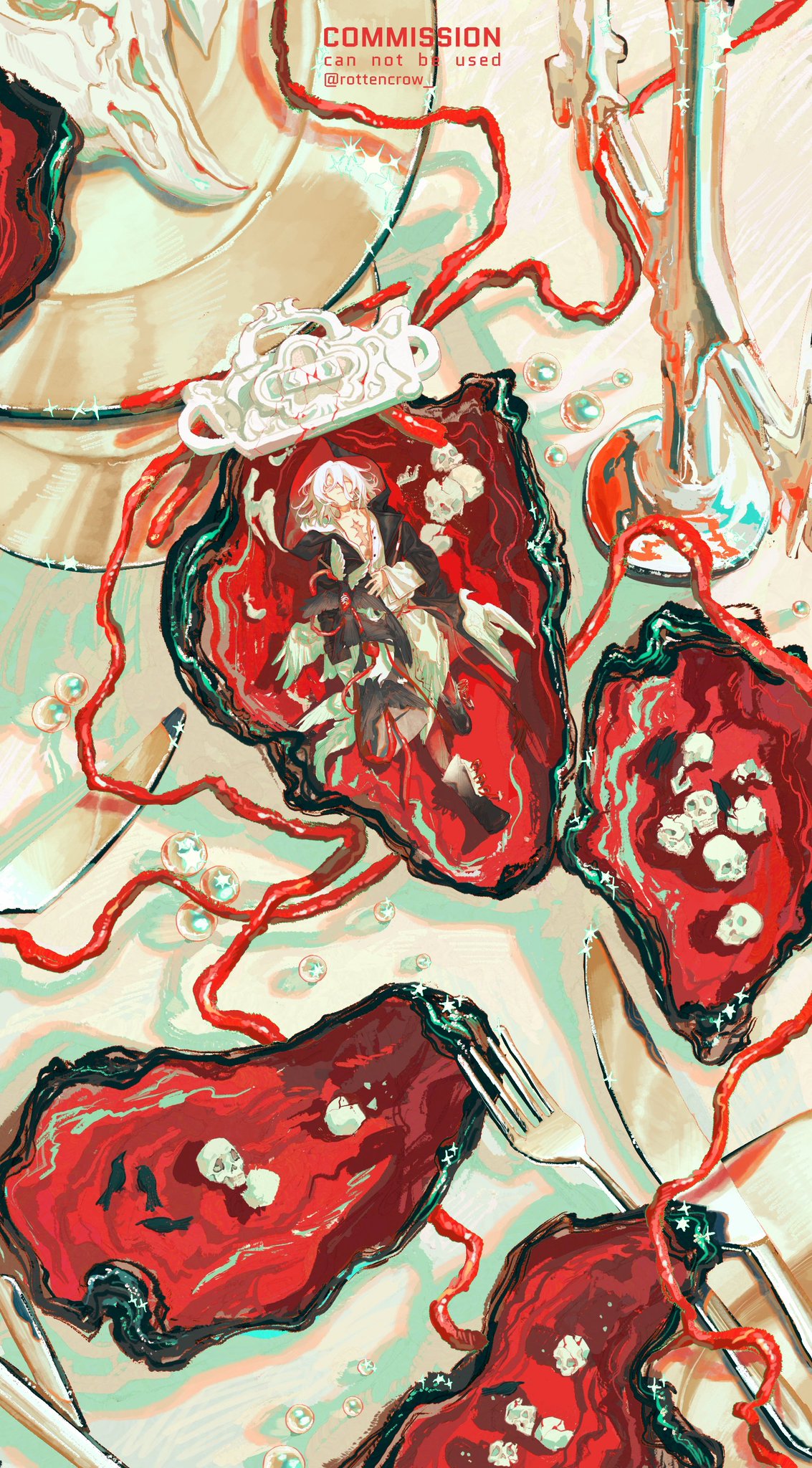 this is a digital art piece that shows a  surreal fantasy scene. it features an anime character with long white hair  lying in a  dish of  blood, with various  skull like  objects around the character. the  character appears to be trapped inside of a  dish,  with  a fork and knife  laying next to the character. there are  many  pearls and red  strings surrounding the character. the character appears to have  a  crown,  and the  background is a  white,  dark, and bloody background, with  red,  black, and white color schemes.