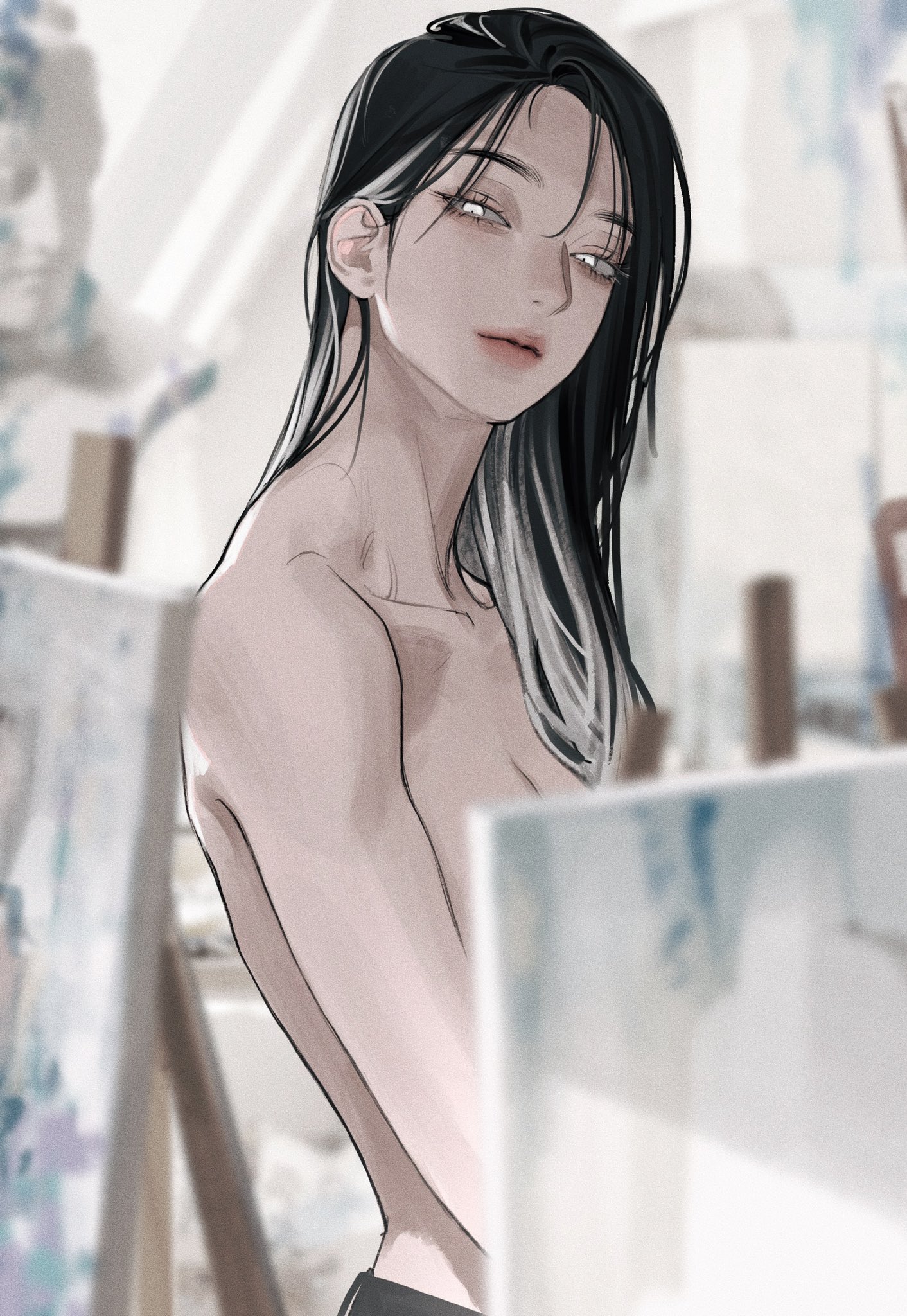 the image is a digital painting or illustration of a young woman, possibly an anime or manga style character. she has long, dark hair with streaks of lighter gray or white. she is shown from the shoulders up, with her upper body bare.  she is positioned slightly turned away from the viewer, her gaze directed towards the viewer's left.  the background suggests an art studio setting with easels and canvases visible, implying she might be an artist herself. the overall style is soft, elegant, and somewhat melancholic, using a muted color palette of grays and whites to create a peaceful atmosphere.  the focus is on the woman's delicate features and serene expression.