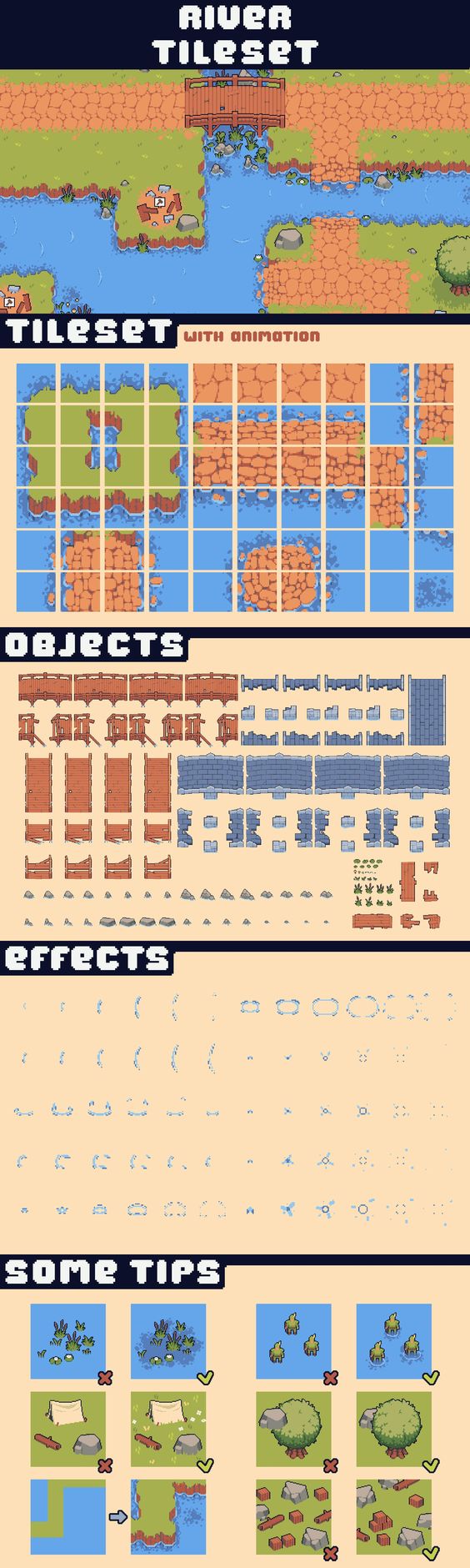 this image showcases a pixel art tileset designed for creating a topdown 2d game environment featuring a river. the tileset includes various terrain elements like grass, water, and cliffs, along with animated water tiles. additionally, it offers objects like wooden structures and fences, as well as particle effects like splashes and ripples. the image provides tips on utilizing these assets for building diverse and engaging game levels.
