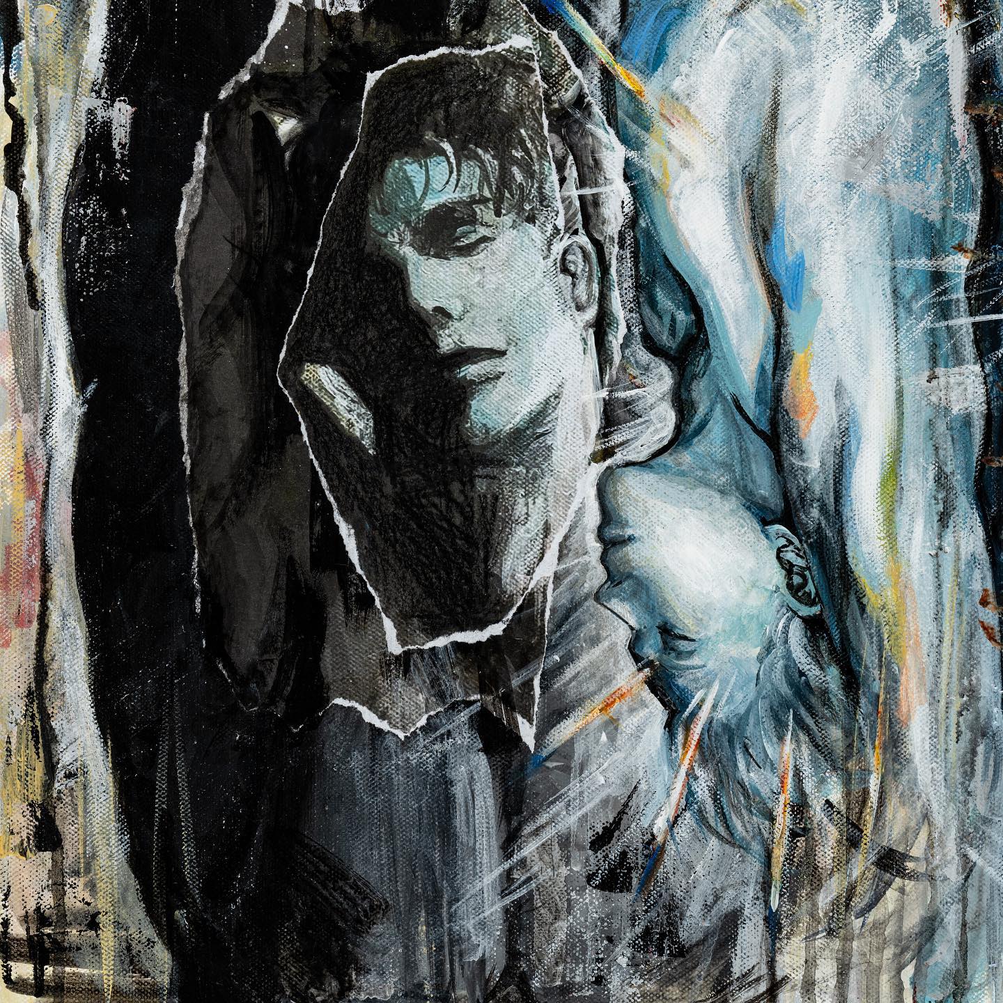 this is a mixedmedia drawing that features two male figures in a surreal, dreamlike composition. the figures are rendered in a stylized and somewhat abstract manner, with their features partially obscured by shadows and the overall composition. the figure on the left appears to be a portrait, possibly a cutout or collage element, as suggested by the visible edges and torn paper texture. this figure is rendered in black and white, with strong contrast and hatching to create depth. his expression is contemplative or perhaps melancholic. the figure on the right is depicted in a more fluid, dynamic pose, as if in motion or caught midgesture. this figure is painted in cool tones of blue, gray, and white, with highlights suggesting a light source emanating from behind or above. his pose and the elongated lines create a sense of movement and drama. the background is a textured blend of dark colors, adding to the atmospheric and somewhat somber mood of the piece. the use of collage, contrasting values, and abstract elements creates a visually engaging and thoughtprovoking composition.