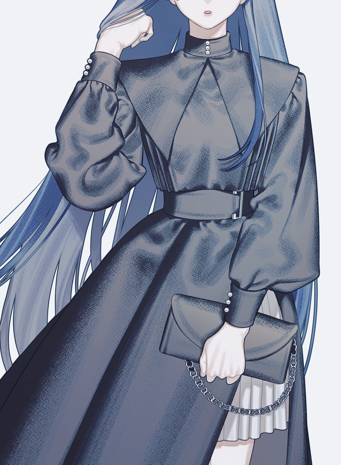 the image is a digital illustration of an anime girl with long, flowing blue hair. she is wearing a dark, elegant dress with a high collar, puffed sleeves, and a belt. the dress has a pleated skirt visible underneath.  she carries a darkcolored clutch purse with a chain strap. the overall style is sophisticated and fashionable, rendered in grayscale with blue tones. the art style is detailed and shows texture in the clothing.