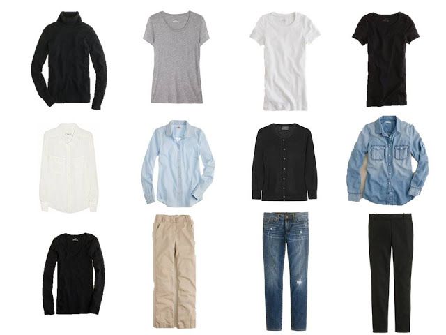 the image shows a collection of different types of clothing items laid out on a white background. there are multiple shirts, including tshirts in various colors (gray, white, black), buttondown shirts (white, light blue), and a denim shirt. also present are a black turtleneck sweater and a black cardigan. the bottom portion of the image displays different types of pants, including tan trousers, blue jeans, and black leggings.