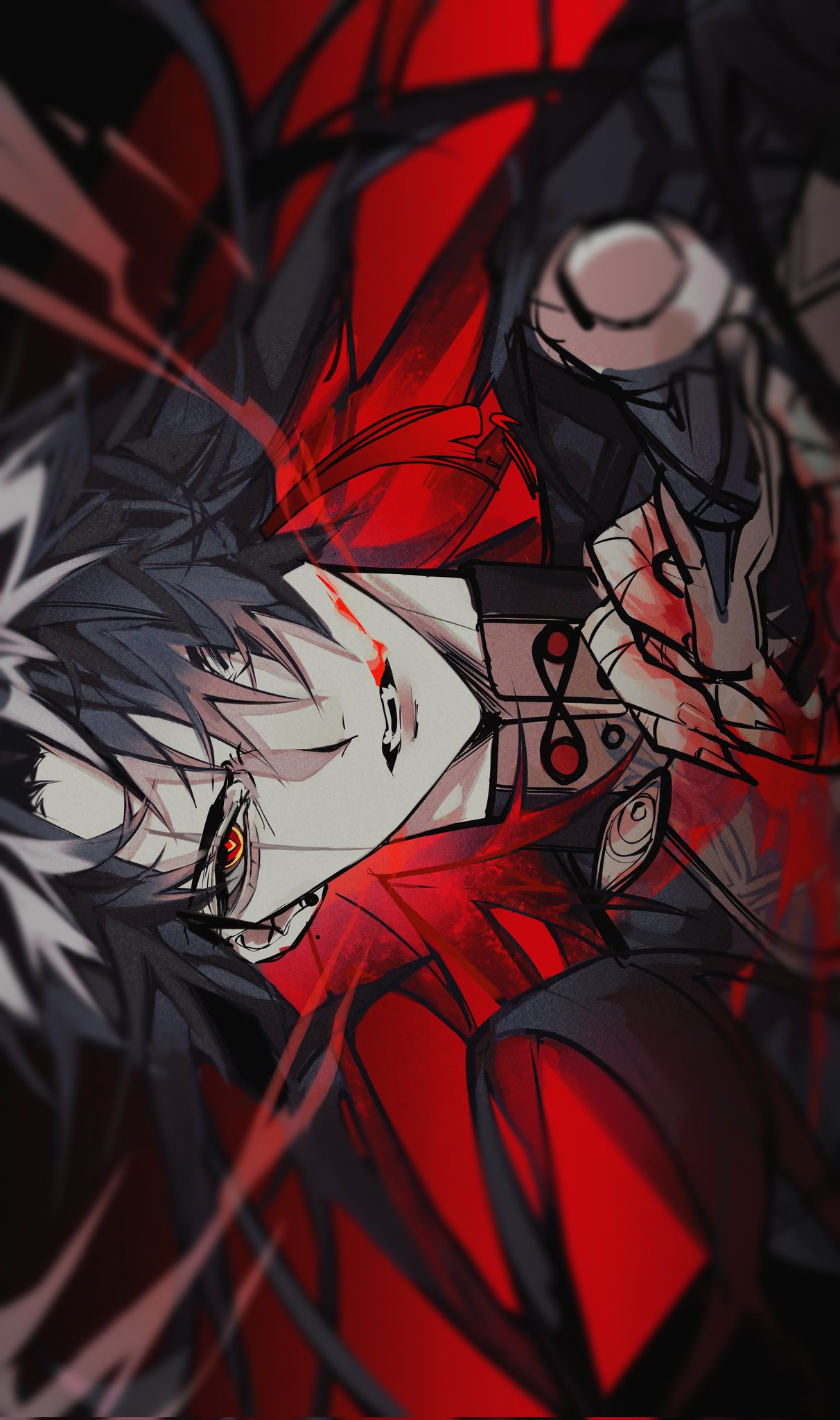 a drawing of a male anime character with black hair and red eyes. he is dressed in a red jacket and black pants and is covered in blood. he is holding his hand over his mouth as if in pain. the background is red with black lines.