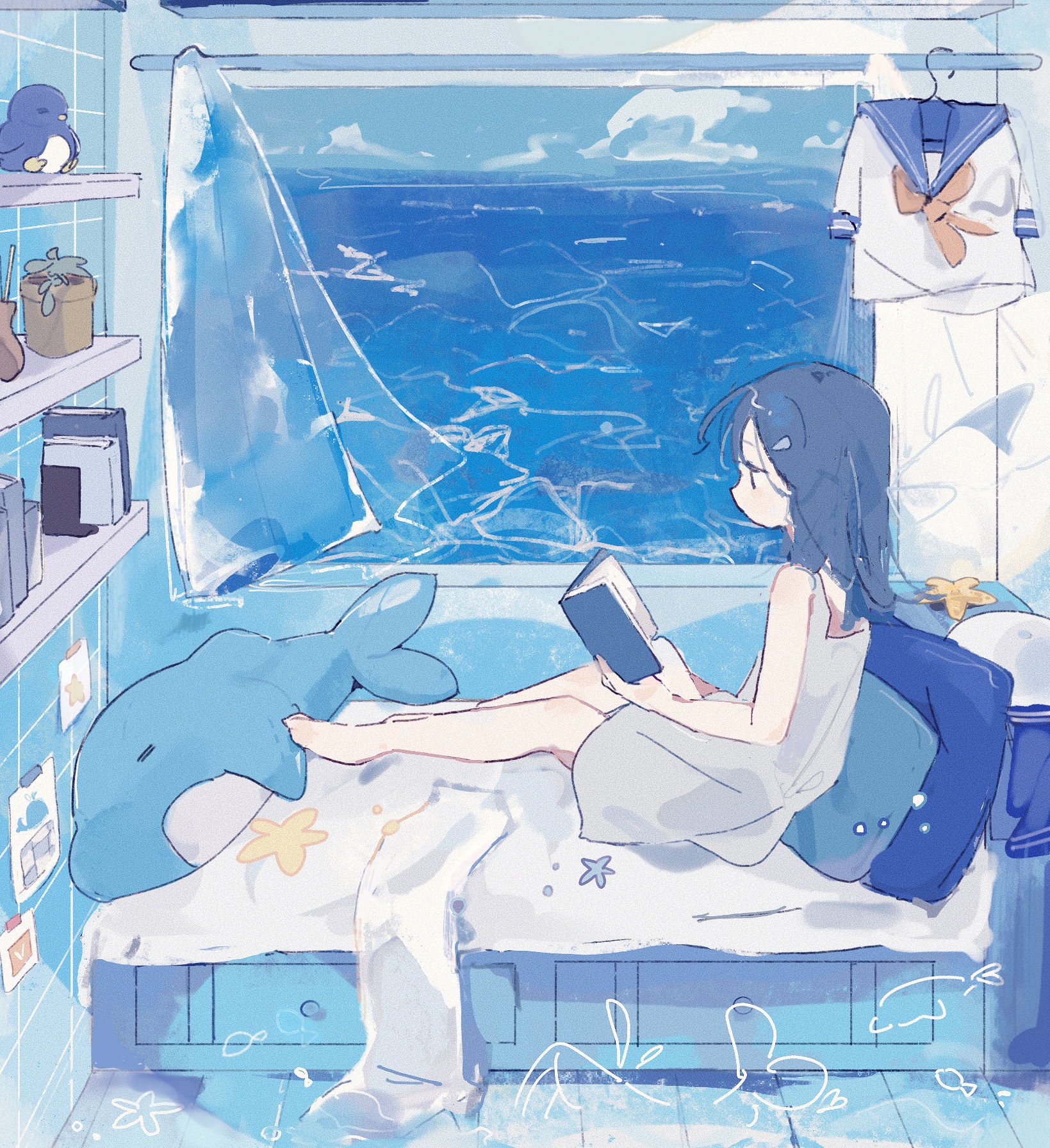 a digital art piece depicts a young anime girl reading a book in her bedroom. the room has a dreamy, seaside atmosphere, with a window overlooking a blue ocean. a plush dolphin rests on the bed next to her. a sailor uniform hangs nearby, enhancing the nautical theme. soft, bluedominant colors create a serene and relaxed environment.