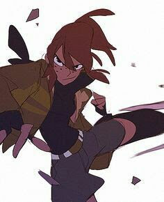 an anime style illustration of a girl in a brown jacket with red hair and brown eyes kicking in a fighting pose.  she is in a dynamic pose with one leg bent and the other outstretched. the background is white with pink and purple streaks.