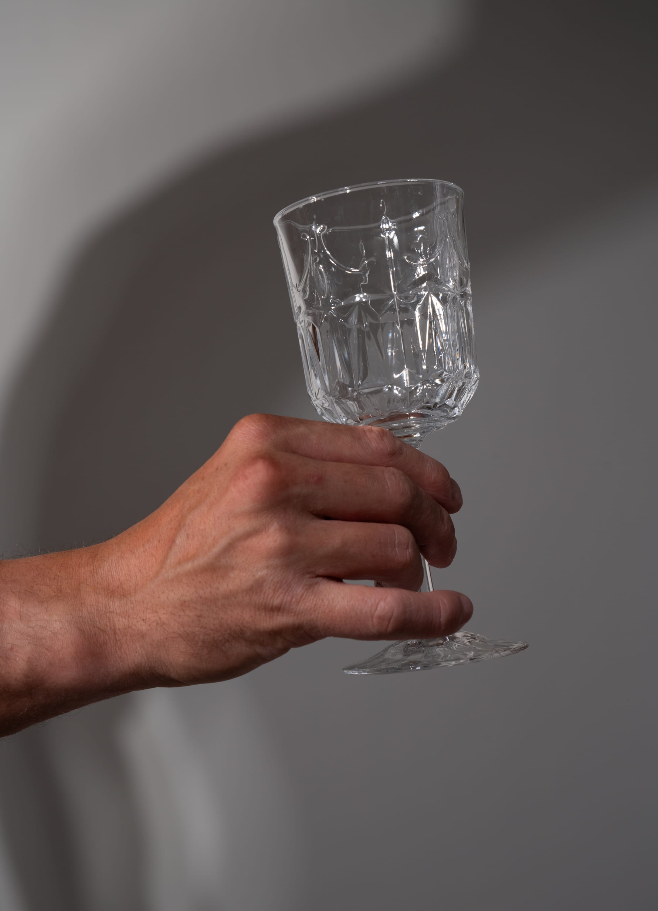a man is holding an empty wine glass in his right hand. the glass is clear and has a geometric design. the background is a light gray wall with a shadow of the man's hand and the glass. the photo is lit by studio lighting.