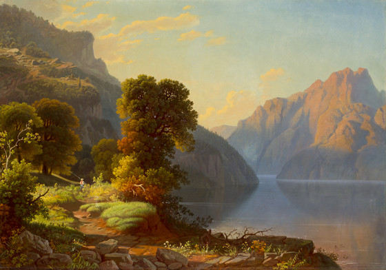a landscape painting depicts a serene lake surrounded by majestic mountains. lush trees and dense forest line the shores, with a winding path leading towards a fisherman standing near the water's edge. rocks and greenery adorn the foreground, while the sky features scattered clouds and warm sunlight, creating a picturesque scene.