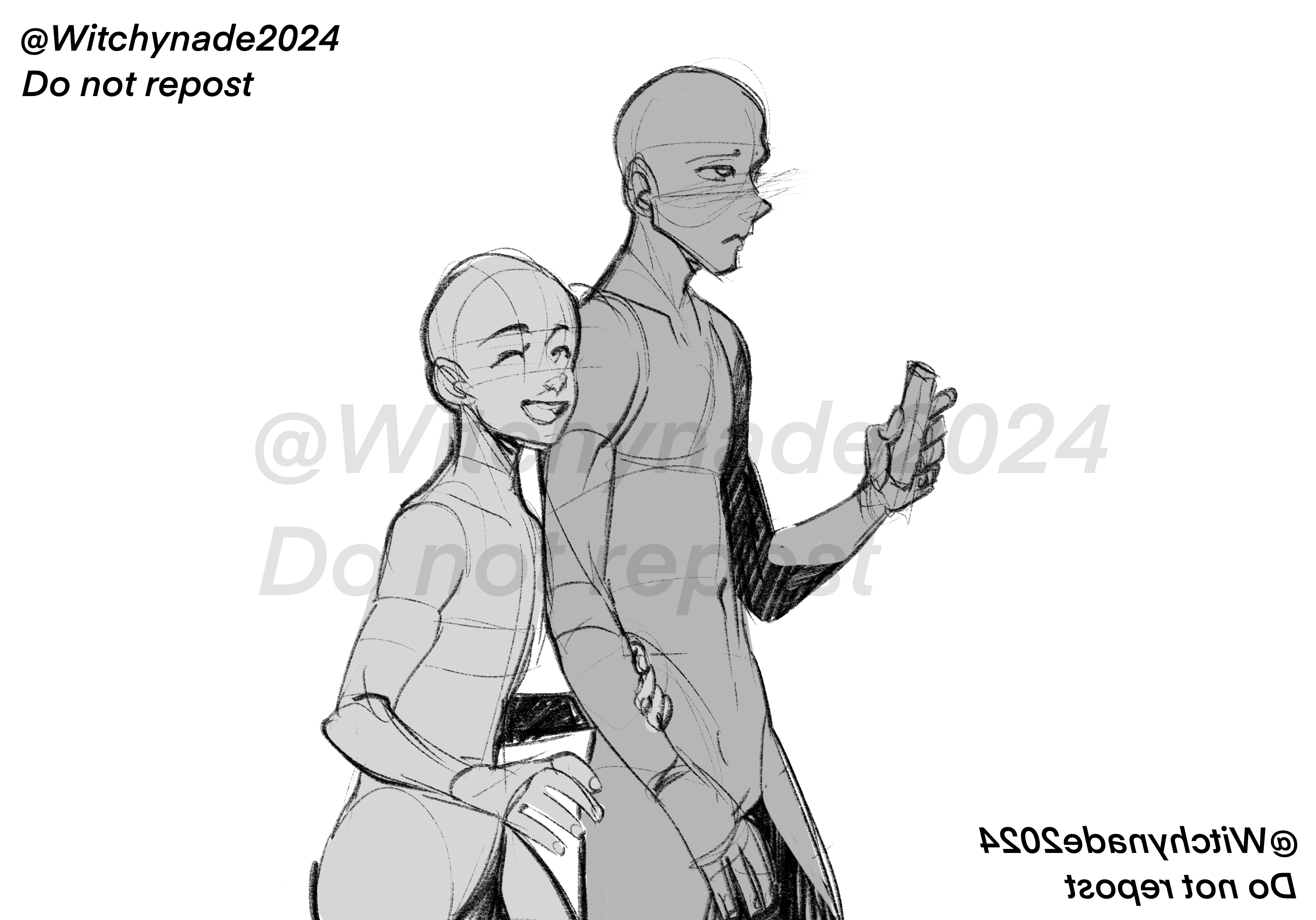this is a grayscale digital drawing of two figures, one appearing taller and more serious, the other appearing shorter and happier, possibly a couple. the figures are drawn in a style reminiscent of anime or manga, with relatively simplified anatomy and features.  the artist's watermark is visible throughout the image. the image is labeled "do not repost," indicating a request to respect the artist's copyright. the style suggests the image is meant to serve as a pose reference or base for artists to create their own drawings upon.