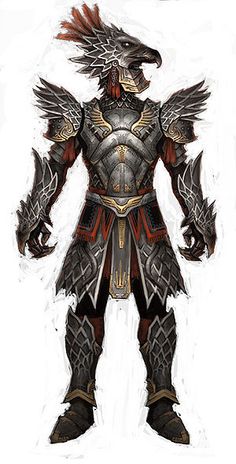 a fullbody illustration of a humanoid bird warrior wearing ornate armor. the warrior has the head of a bird with sharp beak and feathers, its body is humanlike. it's wearing metallic plated armor with intricate details and a decorative chestplate. the color scheme is predominantly gray and brown.  the background is white.