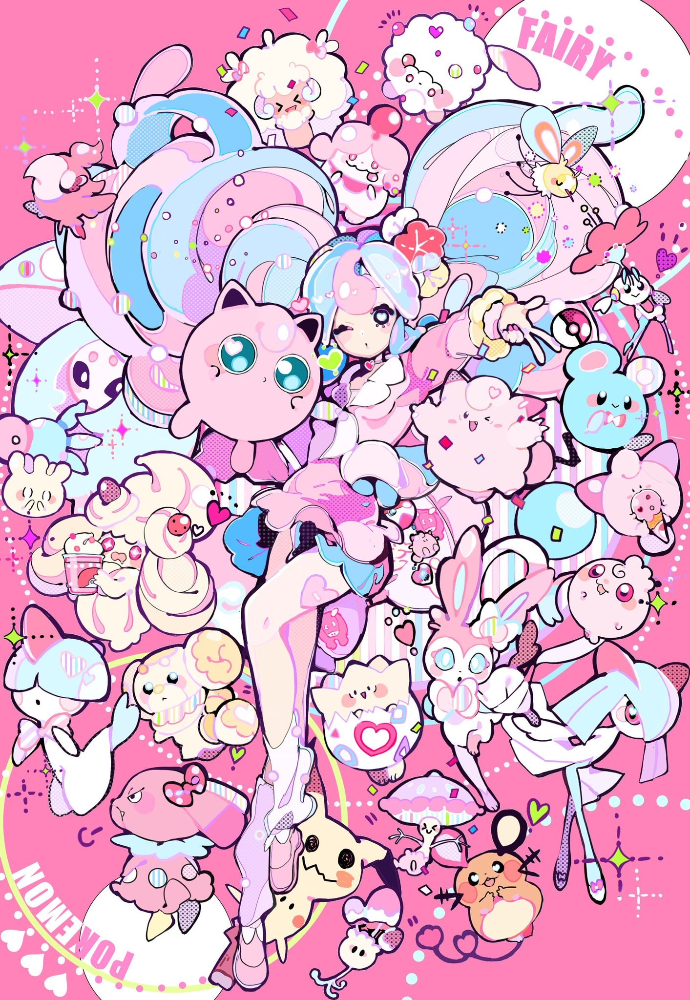 he image is a vibrant and whimsical digital illustration featuring a young anime girl surrounded by a multitude of adorable fairytype pokémon. the overall aesthetic is heavily influenced by kawaii culture, characterized by pastel colors, cute characters, and a playful, dreamy atmosphere. the girl is styled in a pink and white outfit, with her hair resembling a swirling mix of pastel blue and pink cotton candy. she is positioned centrally, surrounded by a diverse array of pokémon, including jigglypuff, togepi, sylveon, mimikyu, clefairy, and many others. each pokémon is rendered in a cute and stylized manner, consistent with the overall kawaii theme. the background is a solid pink, further emphasizing the playful and sweet tone of the illustration. the composition is dense, with characters and objects overlapping to create a lively and engaging visual experience. the overall impression is one of joy, innocence, and fantasy.