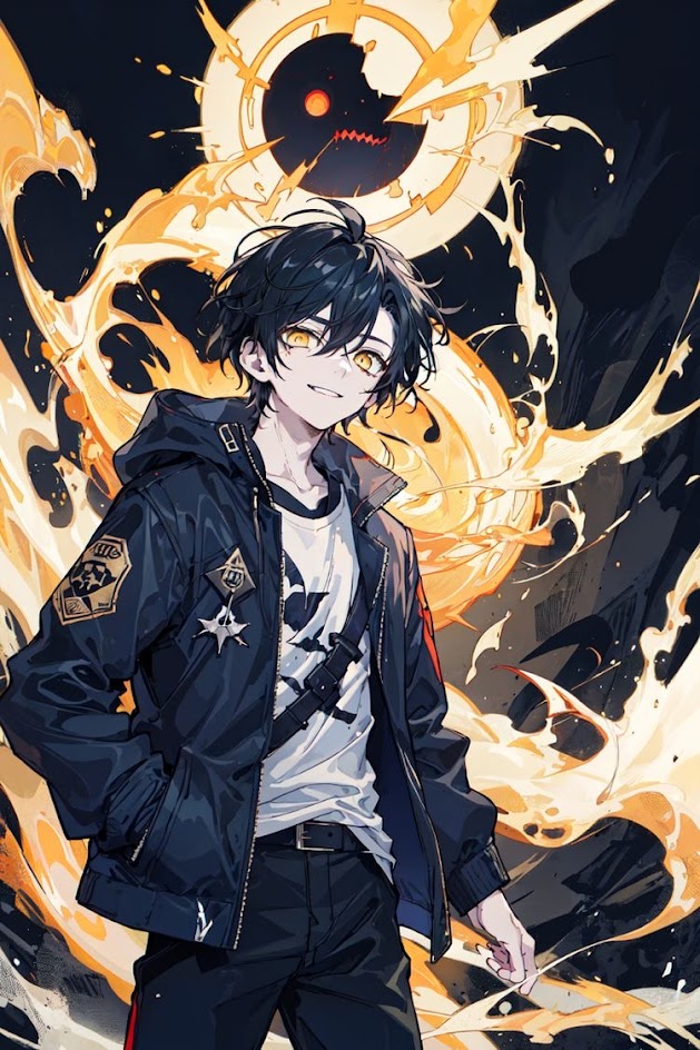 this is a digital art illustration of a young anime boy with black hair and yellow eyes. he is wearing a black jacket over a white shirt, black pants, and a black belt. he is standing in front of a fiery orange background, with flames swirling around him. he looks confident and cool, with a slight smile on his face. this is an illustration of a character from an anime or manga series.