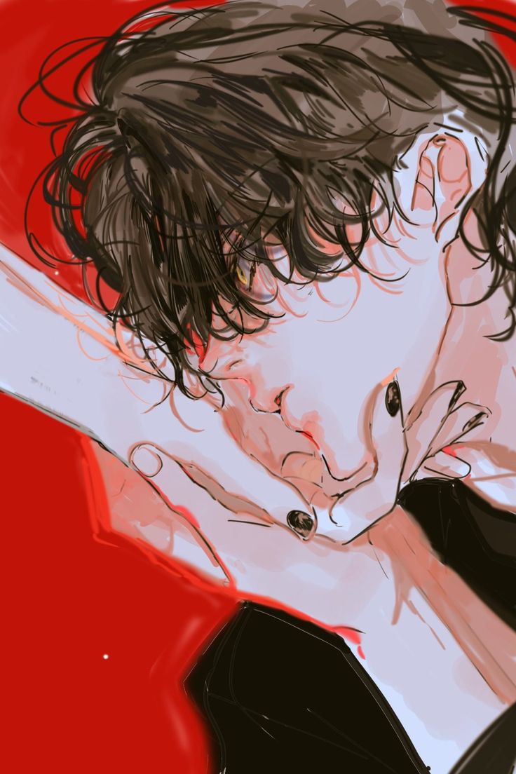 he image is a stylized digital painting or illustration of a young man with dark, slightly messy hair. his face is partially obscured by his hair and his hands.  his gaze is downward and his expression appears somewhat pensive or melancholic. the colors are mainly muted tones of skin and hair, contrasted by a vibrant red background. the style is reminiscent of anime or manga art but has a unique, slightly painterly quality.  two hands are visible, one seemingly belonging to another person, gently cradling or holding the young man's face and hands. the overall mood is intimate and suggestive of romantic or emotional connection.  there's a slight sense of mystery and darkness to the piece.