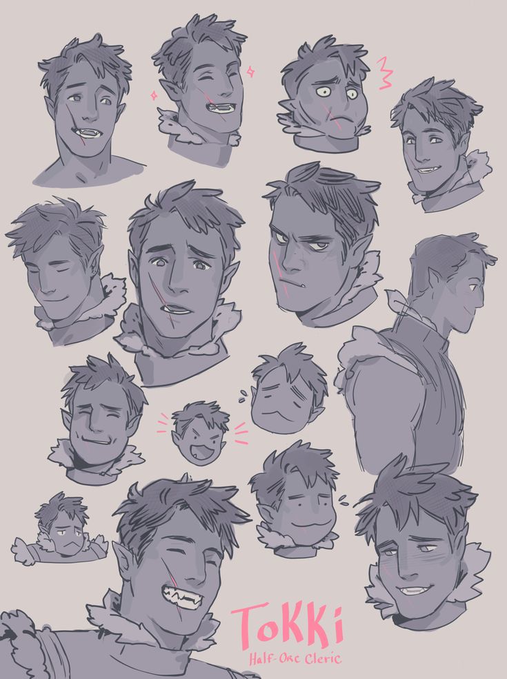 this is a drawing of a halforc cleric character named tokki. the image shows a variety of expressions and poses of tokki's face, some with open mouths, some with closed, some with a smile and some with a neutral expression. the drawing is done in a light grey, with some pink highlights, which gives it a soft and approachable feel. the drawing is well done and has a good sense of personality and charm.