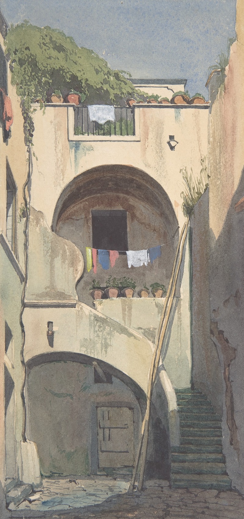 a watercolor painting depicts an arched courtyard with stairs leading to an upper level. laundry is hanging to dry on a line strung between buildings. plants in pots are arranged on the upper level walls and there is foliage above the buildings. the artwork is in a realistic style with muted colors.