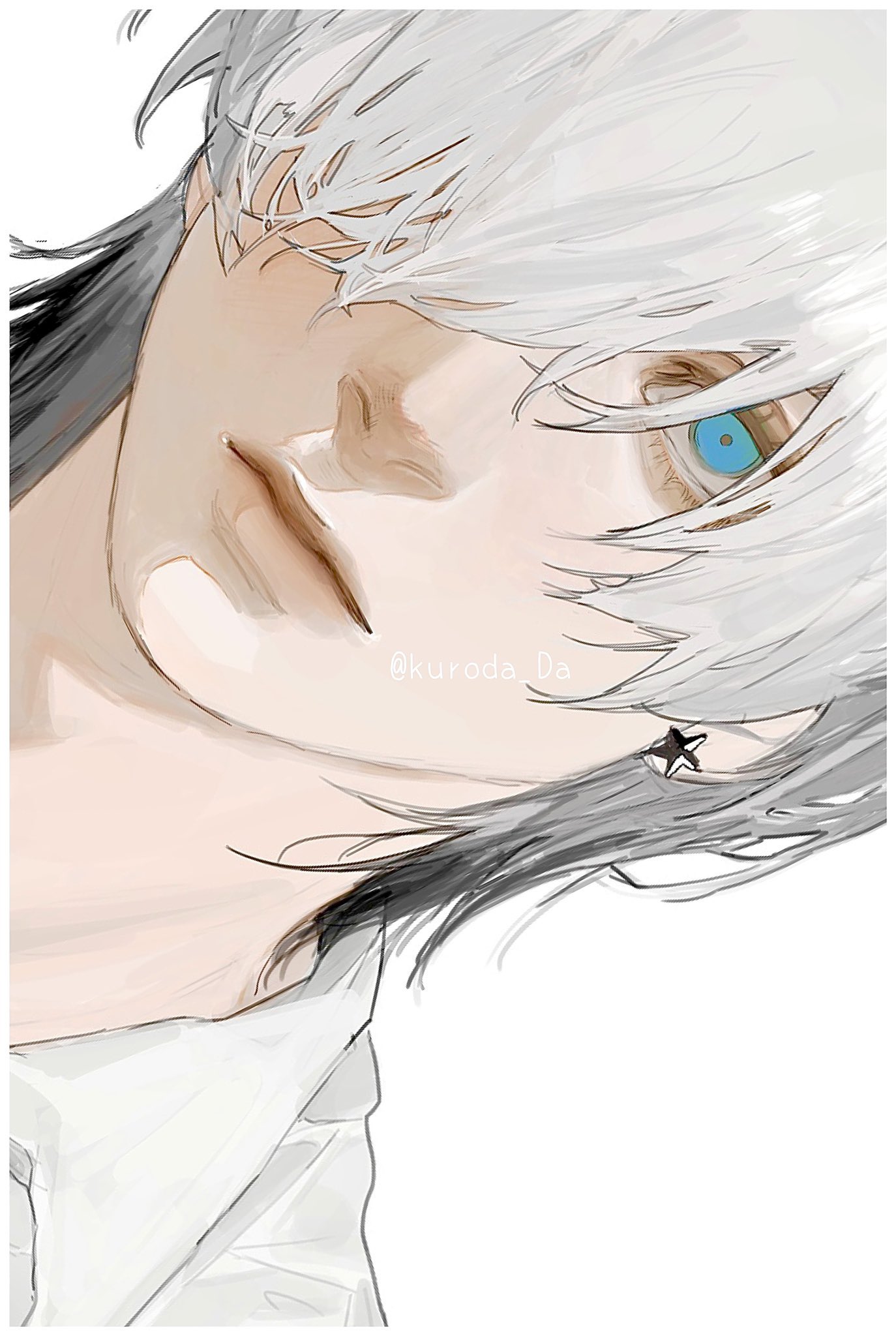 this is a digital drawing of a young man with white hair and striking blue eyes. he's depicted in a closeup, offering a captivating, somewhat melancholic gaze. the art style leans towards anime and manga, characterized by delicate linework and a focus on capturing emotion through his expression.