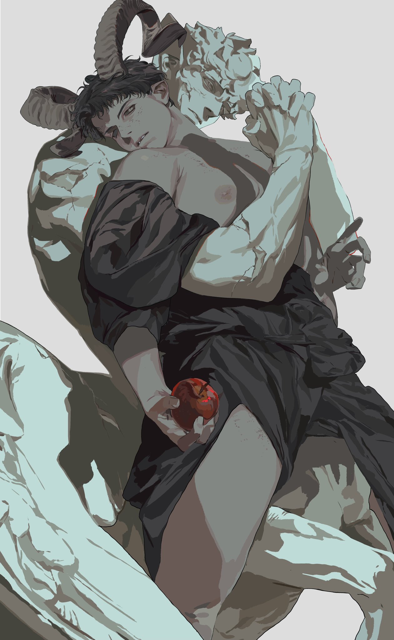 a digital fantasy art image depicts a male character with goat horns holding an apple, embraced by a stone statue. the male character is clad in dark clothing, possibly a robe.