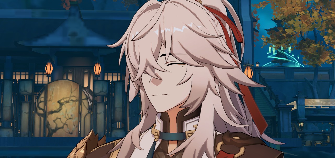 the image features an anime character, a young man with long white hair, and a red ribbon tied around his hair. he is wearing a blue collar, a golden and brown outfit, and is standing in a japanesestyle setting, with a night background. the character is smiling and looks happy. the image is animated and captures the character's expressive features in detail.
