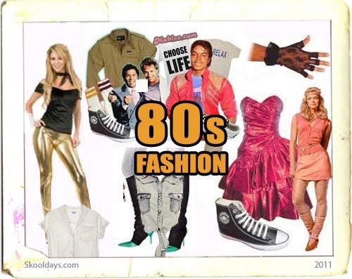 a collage of images depicting fashion from the 1980s, including a woman in golden leggings, a pink dress, converse shoes, a "choose life" tshirt, jackets, and more, all with the text "80s fashion".