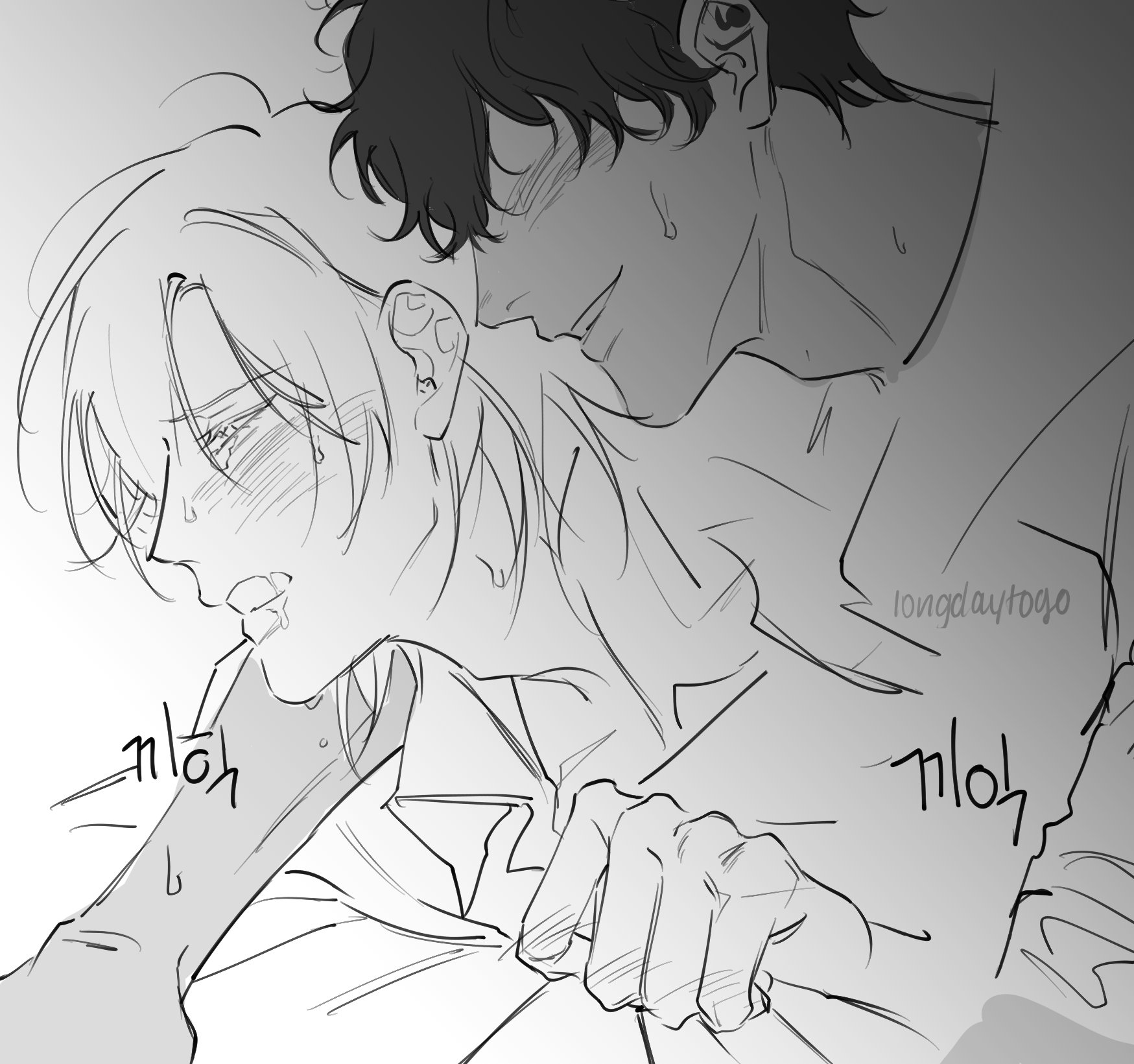 the image is a black and white sketch depicting a passionate moment between two animestyle male characters. one character is on top of the other, their faces close together, suggesting a kiss or intense intimacy.  both characters show signs of emotional arousal, with sweat droplets and flushed cheeks. the style is suggestive but not explicitly graphic. the drawing is done in a loose, sketchy style, emphasizing emotion and movement rather than precise detail. the artist's signature is visible.