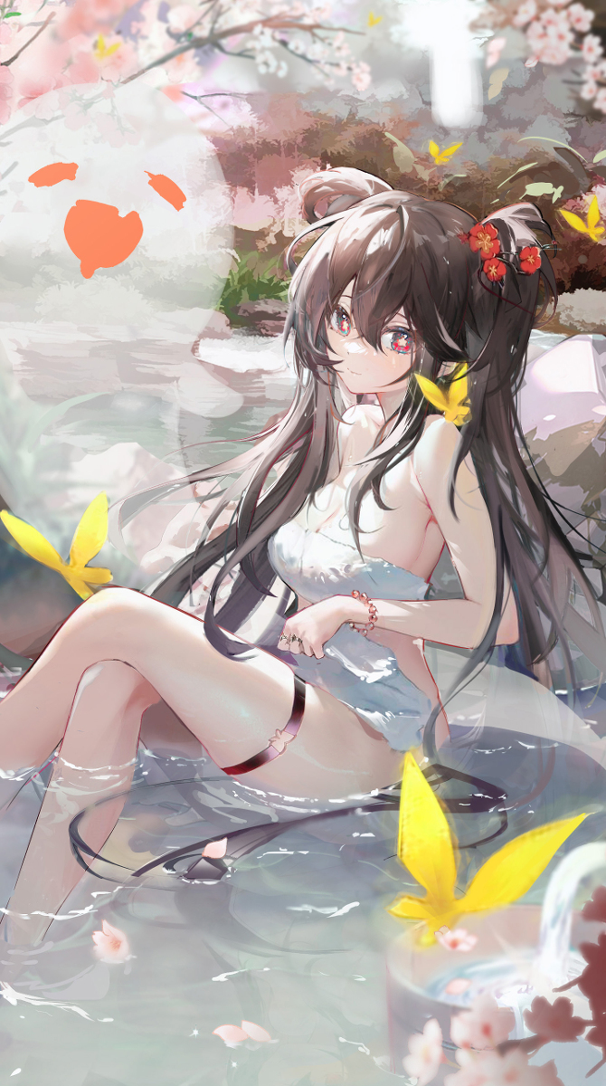 he image is a digital painting of an anime girl with long brown hair sitting in a bath surrounded by water, flowers, and butterflies. she is wearing a lightcolored swimsuit and accessories. the overall style is soft and pastel, creating a serene and peaceful atmosphere.