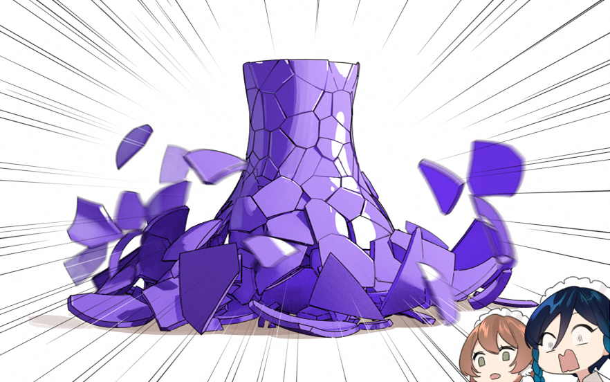 the image depicts a large purple vase shattered into numerous pieces. the vase seems to have recently broken, as the shards are still in motion, flying outwards from the center.  two maids are shown in the bottom right corner with shocked expressions, implying they witnessed the vase breaking. the background features white lines radiating outwards, emphasizing the sudden and dramatic nature of the event. the overall palette is bright with a focus on purple hues.