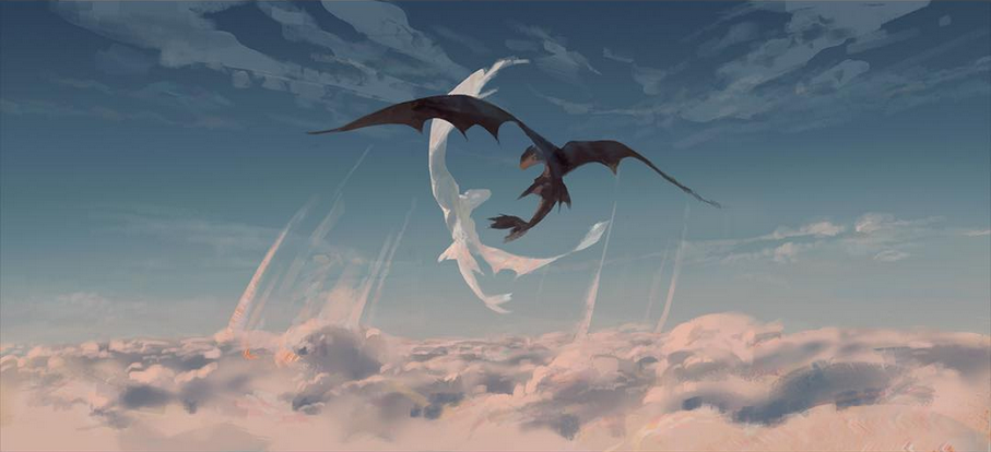 a white dragon and a black dragon are flying in the sky above clouds. the black dragon has its wings spread wide and is looking down at the white dragon. the white dragon has its wings folded and is looking up at the black dragon. the sky is a light blue with white clouds and a golden hue. the dragons are painted in a realistic style, with detailed scales and feathers. the image is a beautiful and evocative illustration of a mythical creature.