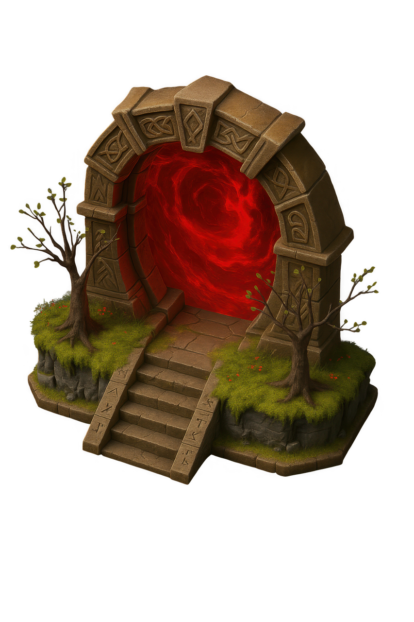 a fantasy illustration of a stone portal with an archway. the portal is surrounded by a small landscape with grass, trees, and stone stairs leading up to it. the archway is decorated with runes and a swirling red portal is visible within.