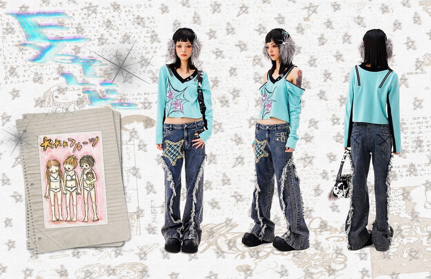 the image showcases a fashion editorial featuring two models dressed in harajukuinspired y2k outfits.  both models wear a pastel blue, cropped, vneck top with spiderweblike graphics, paired with heavily distressed, darkwash bellbottom jeans that have patches and frayed edges. the jeans have unique detailing, likely custommade.  they both also sport gray fauxfur earmuffs.  one model's top features an offtheshoulder design.  the background features a collage of handwritten japanese text and a sketch resembling manga artwork of young girls.  a cowprint bag is an accessory shown with one of the models. the overall style is a mix of cute and edgy elements, representing a modern take on japanese street fashion.  the studio setting and careful posing enhance the professional fashion presentation.