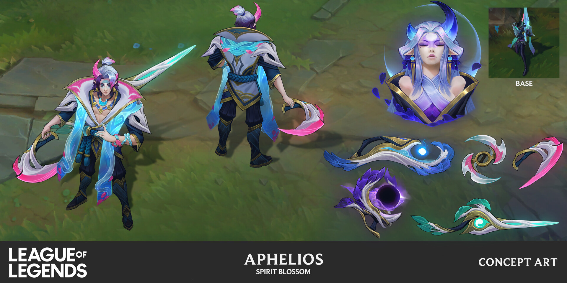 this image is a concept art piece for a league of legends skin called "spirit blossom aphelios."  it shows aphelios in his spirit blossom form from multiple angles, along with closeups of his various weapons.  the art style is animeinspired fantasy, featuring vibrant colors (pink, blue, and purple) and a celestial theme. the overall aesthetic incorporates elements of japanese samurai and traditional eastern aesthetics.  a small inset shows the base skin for comparison, illustrating how the spirit blossom skin alters aphelios' appearance and weapons.  the image clearly presents the design for the character and his associated items within the league of legends game.